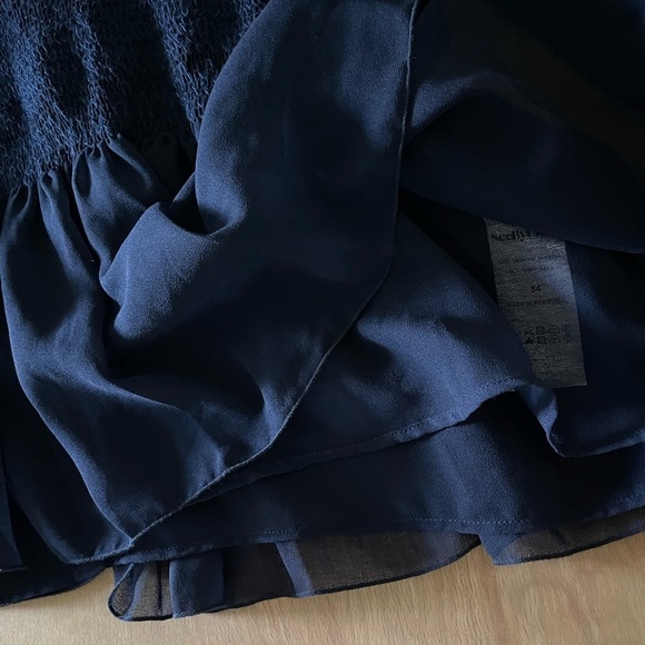 See by Chloe|Sheer Sleeve Peplum Ruffle, Slightly Cropped Top•••Navy, Size small - Picture 7 of 11